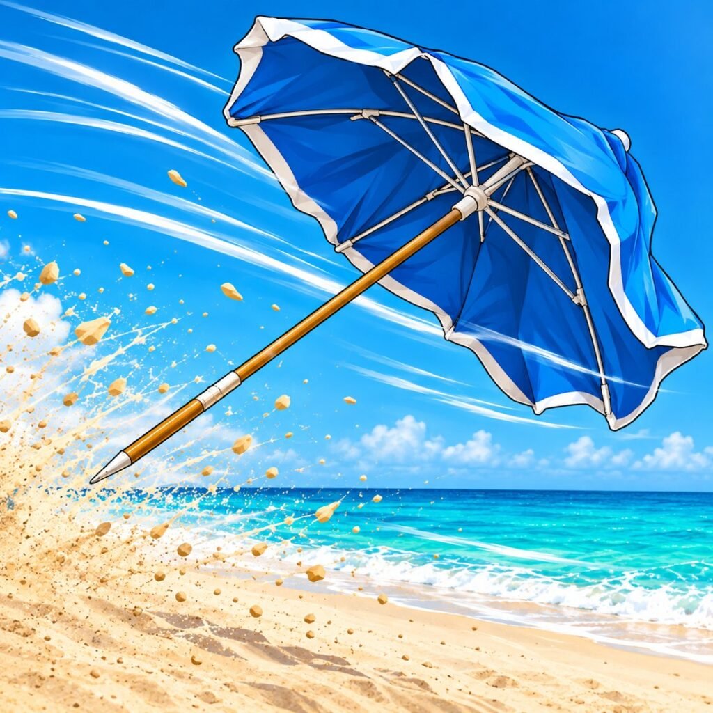 A beach umbrella lifted by the wind and blowing across the sand