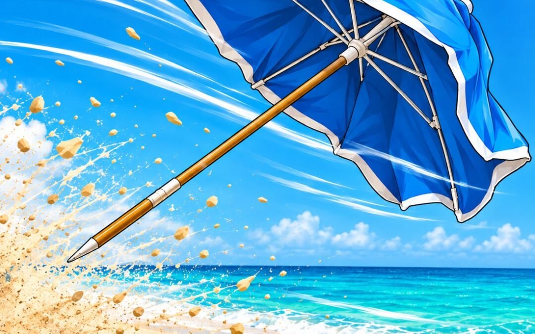 A beach umbrella lifted by the wind and blowing across the sand