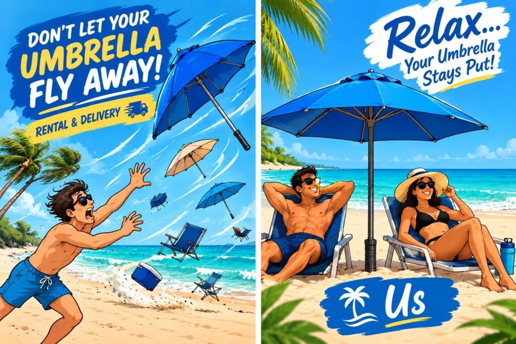 A beach umbrella blowing away in the wind beside one that is anchored and staying put