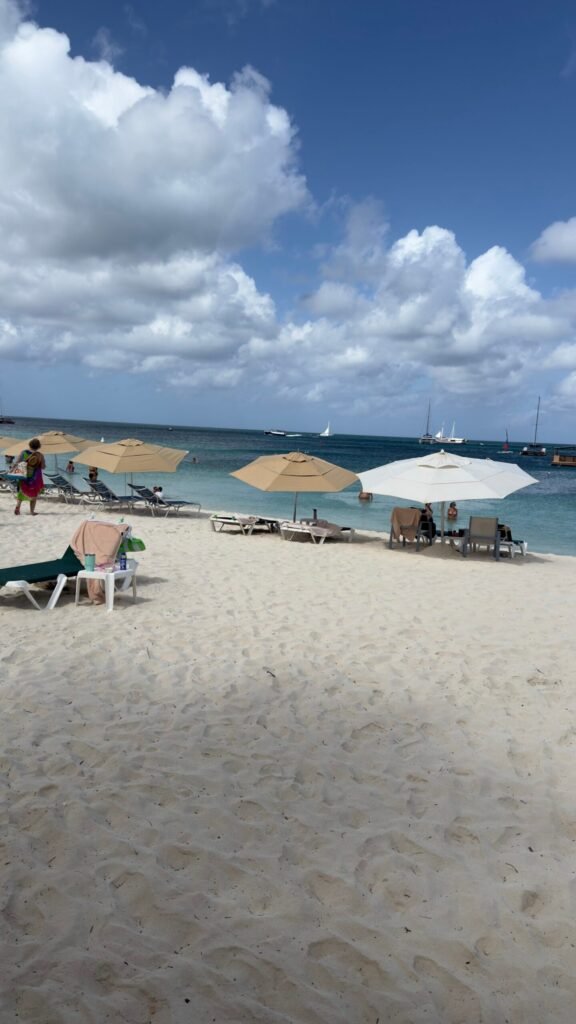 Aruba umbrella rental — beach umbrella and two chairs set up on Eagle Beach